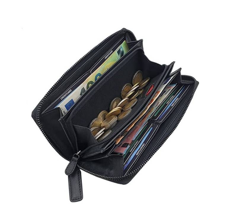 Große Rind-Nappa Leder Damen Geldbörse/Geldbeutel Portemonnaie Portmonaise Geldtasche Portmonee Mit Rfid & Nfc Schutz in Schwarz von Myledershop