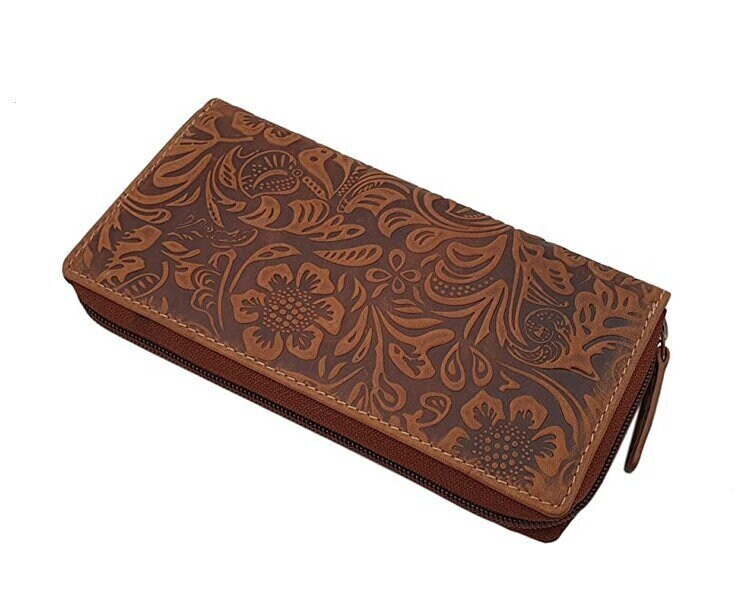 Große Vollrindleder Damen Geldbörse/Geldbeutel Portemonnaie Geldtasche Mit Lianen Prägung Und Rfid & Nfc Schutz in Cognac von Myledershop