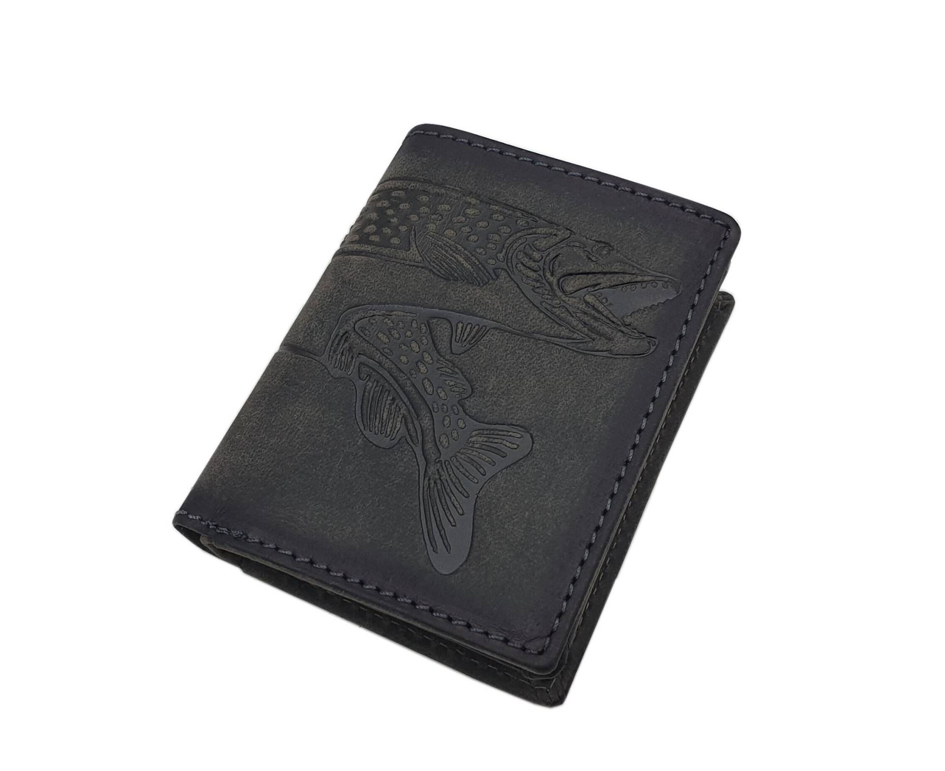 Kleine Echt Büffel-Vollleder Hochformat Geldbörse/Geldbeutel Portemonnaie Mit Fisch-Motiv Und Rfid & Nfc Schutz in Vintage-Grau Kleine Echt Büffel-Vollleder Hochformat Geldbörse/Geldbeutel Portemonnaie Mit Fisch-Motiv Und Rfid & Nfc Schutz in Vintage-Grau von Myledershop