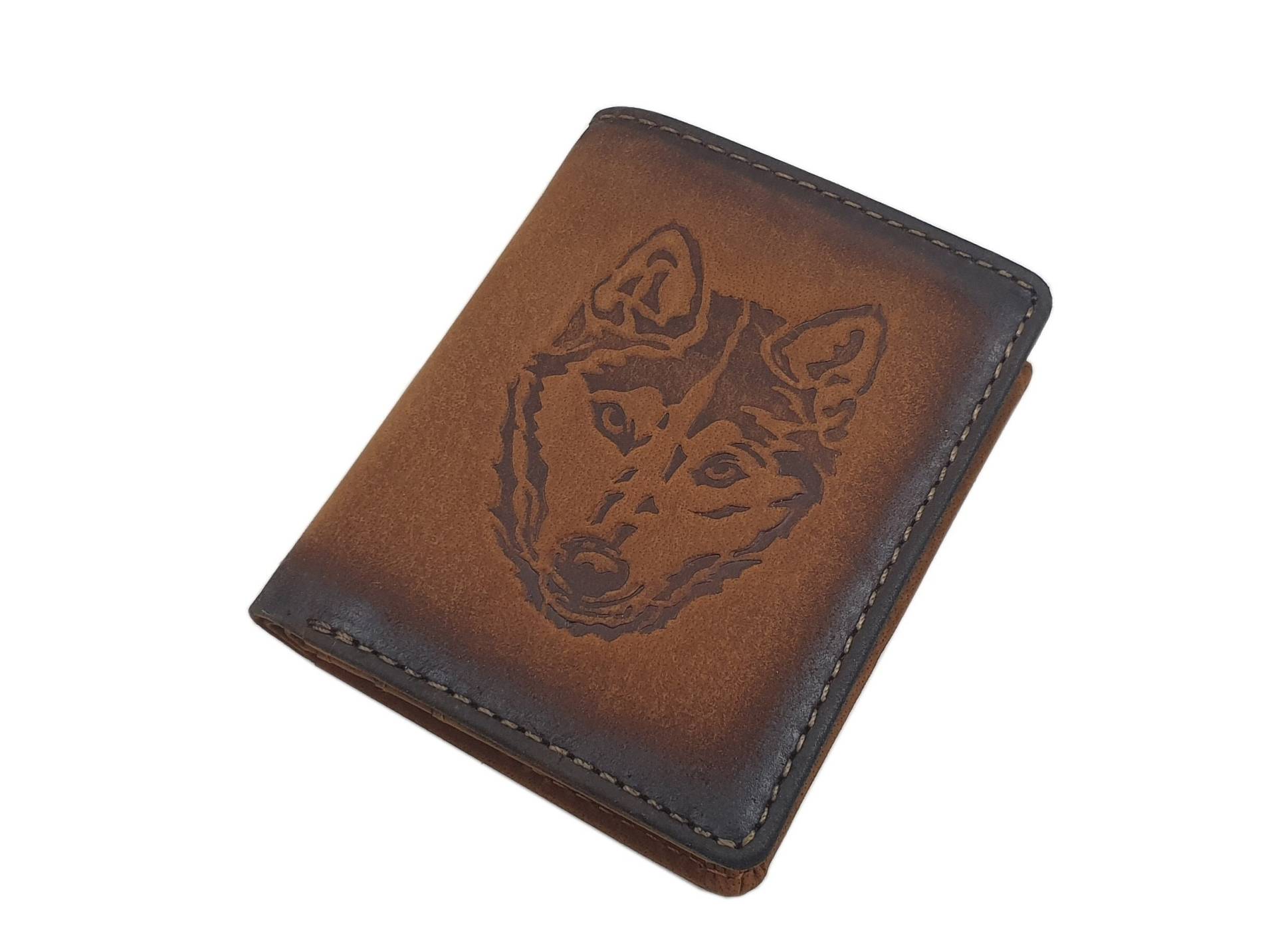 Kleine Echt Büffel-Vollleder Hochformat Geldbörse/Geldbeutel Portemonnaie Mit Husky-Motiv Und Rfid & Nfc Schutz in Cognac von Myledershop