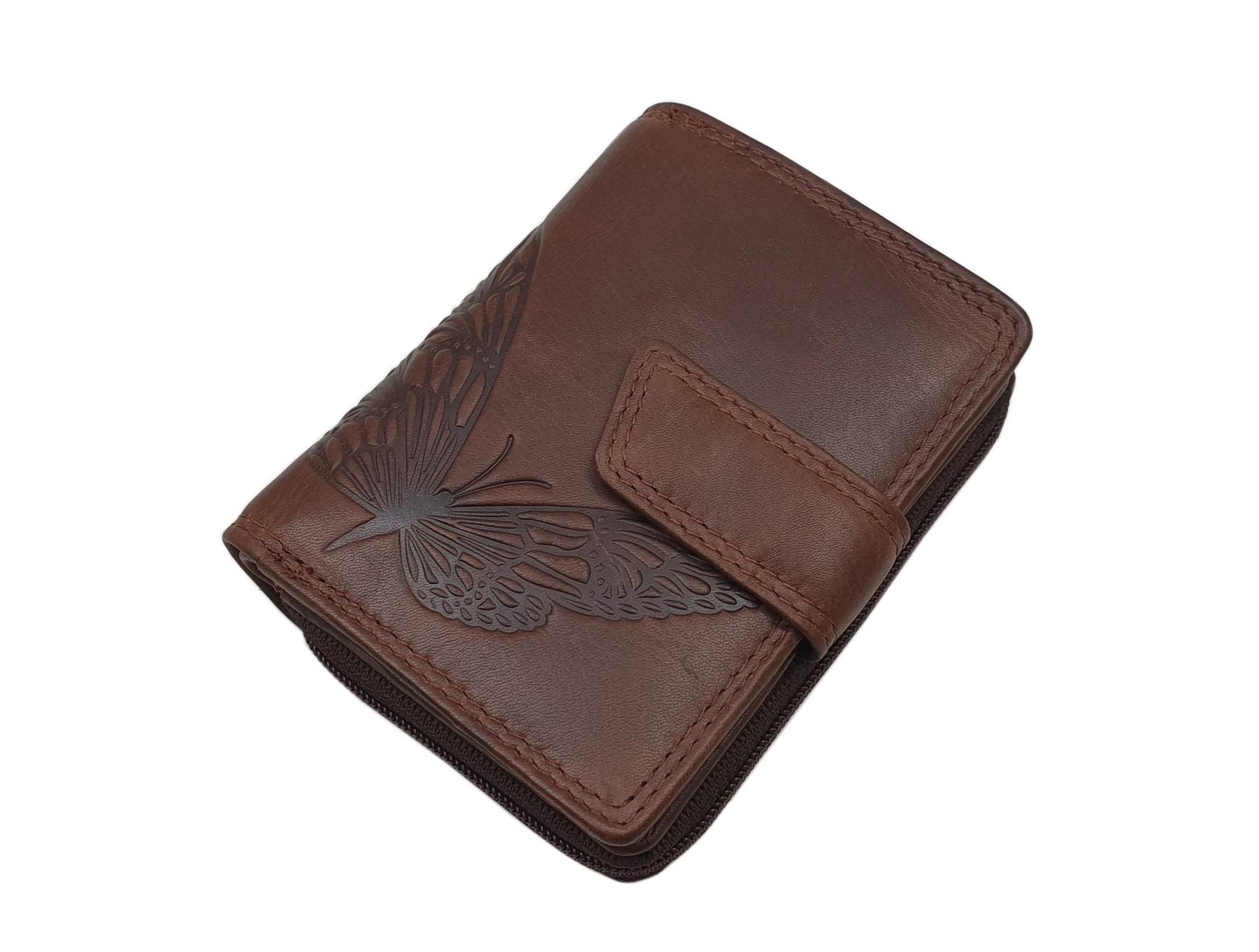 Kleine Echt Rindleder Damen Geldbörse/Geldbeutel Portemonnaie Geldtasche Mit Schmetterling Motiv Und Rfid & Nfc Schutz Braun von Myledershop