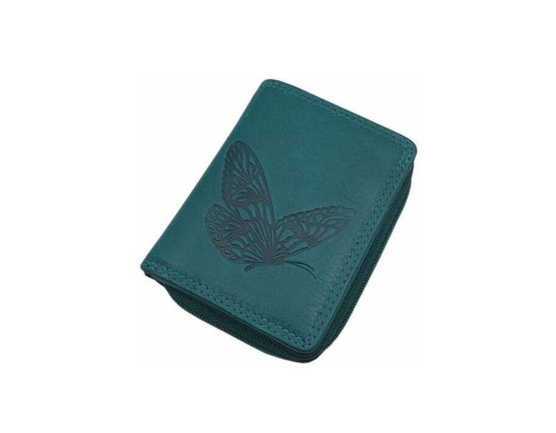 Kleine Rindleder Damen Geldbörse/Geldbeutel Portemonnaie Geldtasche Mit Schmetterling-Motiv Und Rfid & Nfc Schutz in Petrol von Myledershop