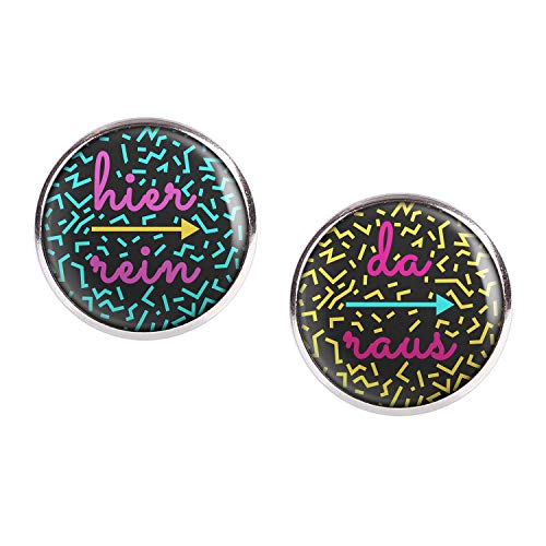 Mylery Ohrstecker Paar mit Motiv Hier rein Da raus Pfeil Pink Gelb Türkis 80er Memphis Muster silber 16mm von Mylery