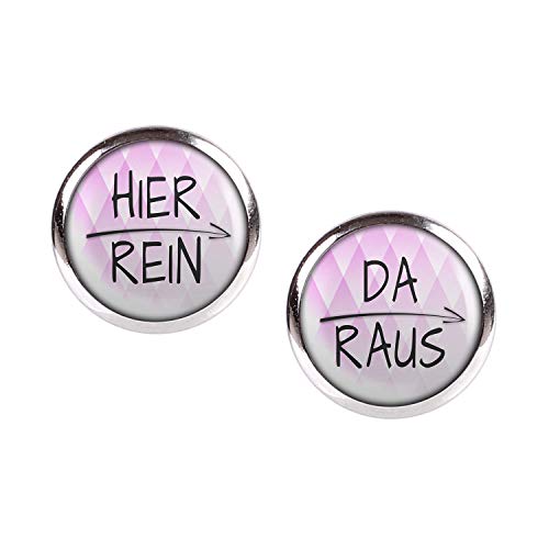 Mylery Ohrstecker Paar mit Motiv Hier rein Da raus Pinke Spitzen silber 12mm von Mylery