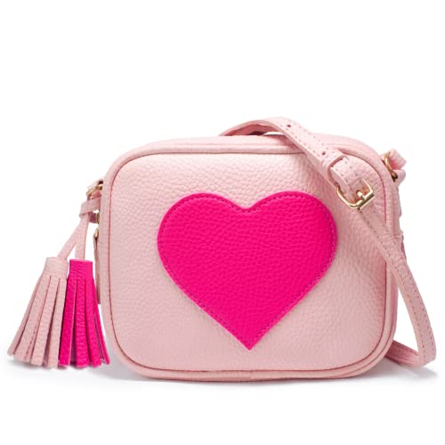 Mädchen Crossbody börse für Kinder Frauen Leder geräumige Tasche mit Quaste verstellbare Träger Design in Italien - Pink - Small von Mymazn