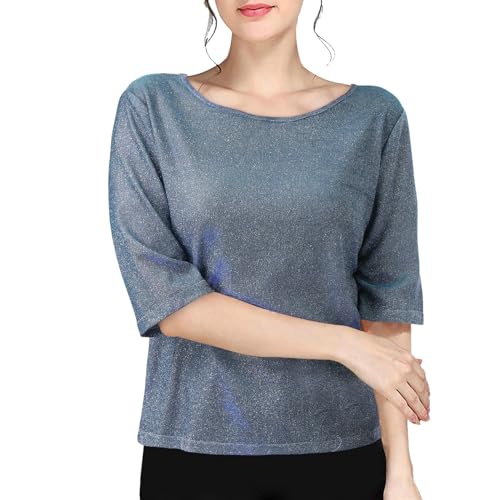 Damen Metallic Shirt Top Glänzend Holografisches T-Shirt 3/4 Ärmel Blusenshirt Oberteil Rund Halsausschnitt Party Glitzer Top Fasching Party Clubwear von Mymyguoe