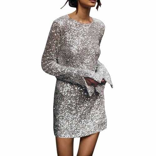 Damen Pailletten Kurzes Jugendweihe Kleider Abendkleider Partykleider Festlichkleider Langarm Glitzer Abendkleid für Hochzeit Partykleid A-Line Swing Knielang Party Kleid von Mymyguoe