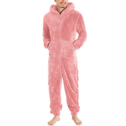 Herren Jumpsuit Teddy Fleece Einteiler Overall Anzug Flauschig Schlafanzug Hausanzug Lang Schlafoverall Weich Pyjama Schlafanzug mit Kapuze Weihnachten Geschenke von Mymyguoe