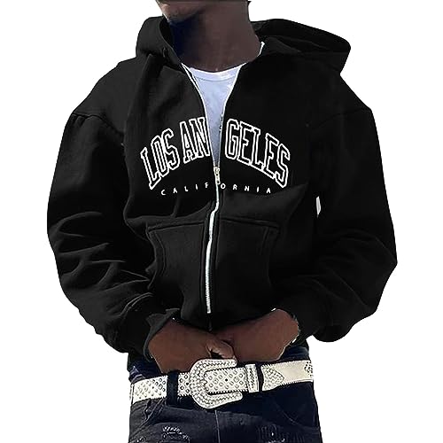 Mymyguoe Herren Y2K Jacke Zip Up Hoodies Buchstaben Graphics Strickjacke mit Kapuze Baggy Hip Hop Vintage Sweatshirt Langarm Basic Sweatshirt Pullover mit durchgehendem Reißverschluss von Mymyguoe