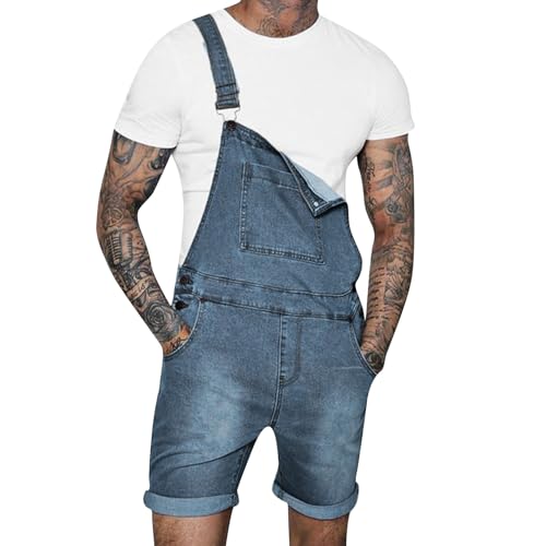 Latzhosen Herren Jeans Kurz Jumpsuit Männer Strampler Overalls Workwear Pants Cargohosen Denim Rosa Latzhose Sommer Denim Overall Hose Verstellbare Lässige Loose Fit von Mymyguoe