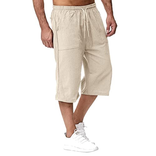 Mymyguoe 3/4 Leinen Hose Herren Cargo Shorts Sommer Outdoor Freizeitshorts Atmungsaktives Jogginghose Mode Einfarbige Strandshorts Elastischer Bund Sportshorts Stretch Shorts Bermuda Shorts von Mymyguoe