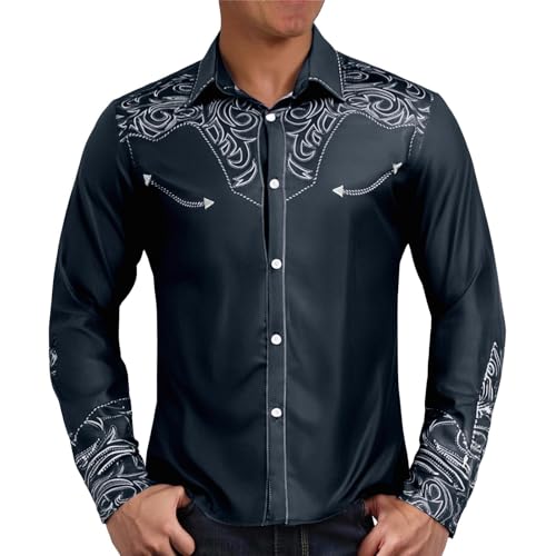 Mymyguoe Cowboy Westernhemden Herren Cowboy Langarm Hemden Herrenhemden Button Down Hippie Shirt Cowboy Kostüm Freizeithemden Stretch Langarm Cowboy Hemd Western Shirts Western-Cowboy-Hemd Cowboyhemd von Mymyguoe