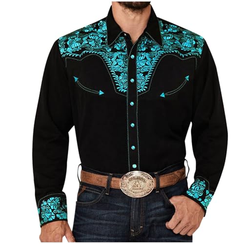 Mymyguoe Cowboyhemd Herren Western Shirts Cowboy Kostüm Reverskragen Einreiher Freizeithemd Herrenhemden Westernhemden Herren Western Cowboy Hemd Langarm Snap Stickerei Hemden Men's Western Shirt von Mymyguoe