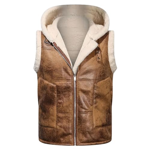 Mymyguoe Fleeceweste Herren Lederweste Kapuzenweste Thermo Gefüttert Winterweste Dicker Oversized Winterjacke Ärmellose Motorradweste Motorradjacke Outdoorweste Beiläufig Funktionsweste Übergangsweste von Mymyguoe