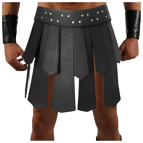 Mymyguoe Halloween Mittelalter Gladiator Rock Pu-Leder Herren Krieger Taillengürtel Punk Stil Rockgürtel Halloween Party Kostüm Rock Lederrock Mit Schnallen Wikinger Rüstung Cosplay Clubwear Kostüm von Mymyguoe