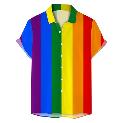 Mymyguoe Hemd Herren Kurzarm Regenbogen LGBT Regenbogenhemd Umlegekragen Funky Hawaiihemd Button Down Hemden LGBTQ Tshirt Pride Shirt Sommerhemd Kurzarmhemd Herrenhemd Rainbow Shirt Freizeithemden von Mymyguoe