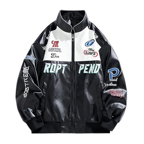 Mymyguoe Herren Lederjacke Varsity Jacke Vintage Letter Racer Oversized Baseball Bomber Jacken Unisex Streetwear Mäntel Motorradjacke Blousons Blockierung Street Style Pu von Mymyguoe