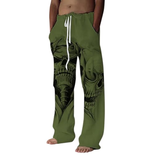 Mymyguoe Herren Leinenhose mit Kordelzug Totenkopf Printedi Leicht Strandhosen Freizeithose Einfarbig Hose für Männer Strandhose Urlaub Alltag Lang Leichte Pyjamahose Schlafhose von Mymyguoe