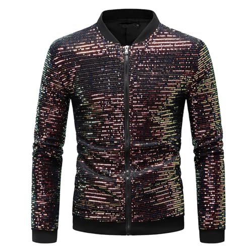 Mymyguoe Herren Metallic Pailletten Baseball Bomberjacke 70er Disco Party Kostüm Karneval Kostüm Pailletten Jacke Langarm Party Club Metallic Glitzer Sequin Bomberjacke von Mymyguoe