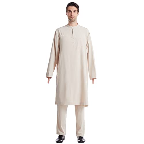 Mymyguoe Herren Middle East Thobe mit Hosen - Männer Muslim Langarm Thobe Lose Kaftan Casual Dubai Arab Kaftan Kleidung Herren Islamische Kostüm 2pcs/Set 2-teiliger Freizeithose Anzug von Mymyguoe