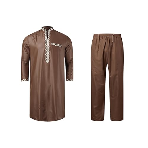 Mymyguoe Herren Muslimische Robe 2pcs/Set Muslim Hemd und Hose Islamische Gebetskleidung für Männer-Muslimische Stickerei Kleider Gebetskleidung für Männer Nachthemd Langarm Schlafanzug lang von Mymyguoe