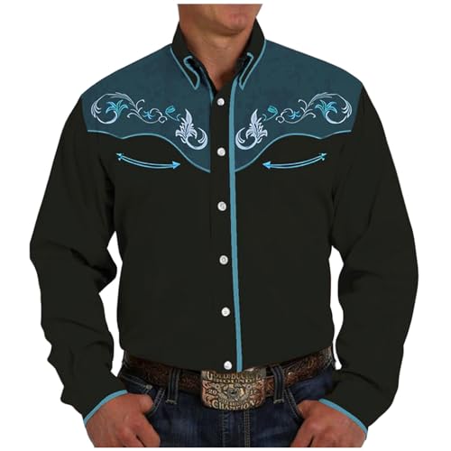 Mymyguoe Herren Western Cowboy Besticktes Hemd Schlank Langarmhemd Western Hemd Cowboy Shirts Hochzeit Party Hemd Vintage Westernhemd Retro Hemd Revers Hemd Cowboy Druck Traditionelles Hemd von Mymyguoe