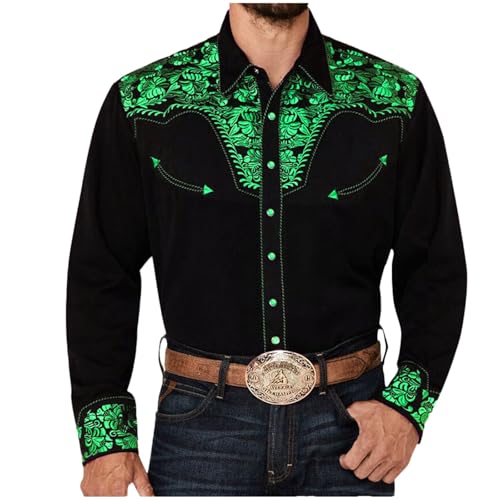 Mymyguoe Herren Western Cowboy Besticktes Hemd Schlank Langarmhemd Western Hemd Cowboy Shirts Hochzeit Party Hemd Vintage Westernhemd Retro Hemd Revers Hemd Cowboy Druck Traditionelles Hemd von Mymyguoe
