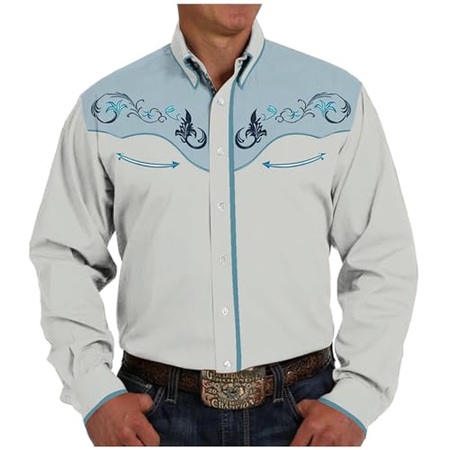 Mymyguoe Herren Western Cowboy Besticktes Hemd Schlank Langarmhemd Western Hemd Cowboy Shirts Hochzeit Party Hemd Vintage Westernhemd Retro Hemd Revers Hemd Cowboy Druck Traditionelles Hemd von Mymyguoe