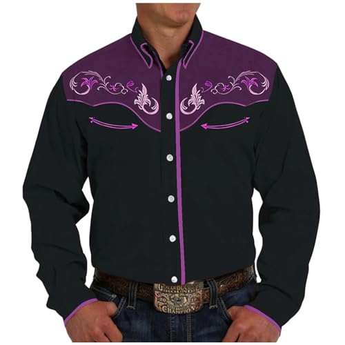 Mymyguoe Herren Western Cowboy Besticktes Hemd Schlank Langarmhemd Western Hemd Cowboy Shirts Hochzeit Party Hemd Vintage Westernhemd Retro Hemd Revers Hemd Cowboy Druck Traditionelles Hemd von Mymyguoe