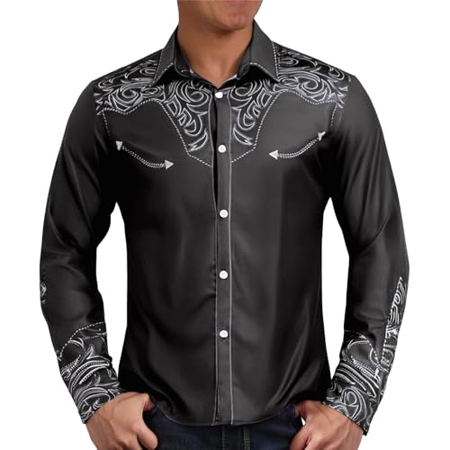 Mymyguoe Herren Western Cowboy Besticktes Hemd Schlank Langarmhemd Western Hemd Cowboy Shirts Hochzeit Party Hemd Vintage Westernhemd Retro Hemd Revers Hemd Cowboy Druck Traditionelles Hemd von Mymyguoe