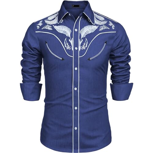Mymyguoe Herren Western Cowboy Besticktes Hemd Schlank Langarmhemd Western Hemd Cowboy Shirts Hochzeit Party Hemd Vintage Westernhemd Retro Hemd Revers Hemd Cowboy Druck Traditionelles Hemd von Mymyguoe
