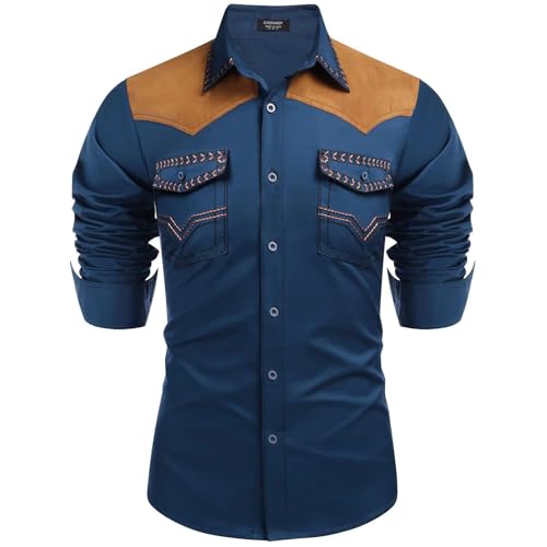 Mymyguoe Herren Western Cowboy Besticktes Hemd Schlank Langarmhemd Western Hemd Cowboy Shirts Hochzeit Party Hemd Vintage Westernhemd Retro Hemd Revers Hemd Cowboy Druck Traditionelles Hemd von Mymyguoe