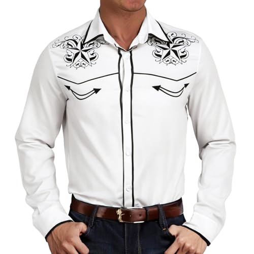 Mymyguoe Herren Western Cowboy Besticktes Hemd Schlank Langarmhemd Western Hemd Cowboy Shirts Hochzeit Party Hemd Vintage Westernhemd Retro Hemd Revers Hemd Cowboy Druck Traditionelles Hemd von Mymyguoe