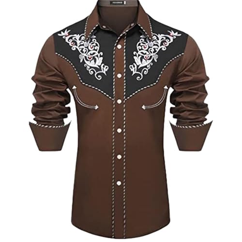 Mymyguoe Herren Western Cowboy Besticktes Hemd Schlank Langarmhemd Western Hemd Cowboy Shirts Hochzeit Party Hemd Vintage Westernhemd Retro Hemd Revers Hemd Cowboy Druck Traditionelles Hemd von Mymyguoe