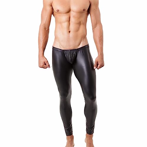 Mymyguoe Herren Wetlook Hose Leggings Lange Strumpfhosen gefüttert Tights Schwarz mit Bulge Pouch Lack Leder Pants Slim fit Unterhose Dessous Clubwear von Mymyguoe