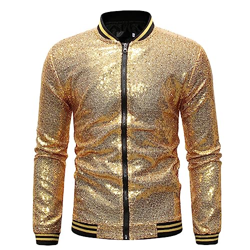 Mymyguoe Jacke Herren Glänzend Metallic Jacke Herren Metallische Pailletten Bomberjacke Herren 70Er Disco Party Kostüm Metallic Gold Disco Shirts Nachtklub Style Performance Apparel Clubwear von Mymyguoe