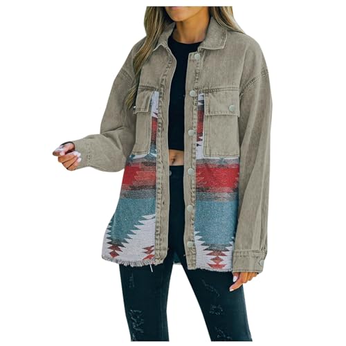 Mymyguoe Jeansjacke Damen Oversize Vintage Patchwork Denim Jacke Übergroße Knopfleiste, Distressed Denim-Jeanshemd Azteken Jeansjacken Für Damen Shacket-Jacke Aztekenjacke Button Down Denim Jacke von Mymyguoe
