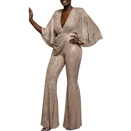 Mymyguoe Jumpsuit Damen Elegant Langarm V-Ausschnitt Glitzer Playsuit Cocktail Party Overalls Karneval Kostüm Pailletten Hosenanzug Romper 70Er Jahre Outfit Pailletten Overall von Mymyguoe