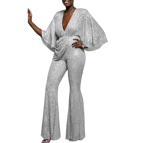 Mymyguoe Jumpsuit Damen Elegant Langarm V-Ausschnitt Glitzer Playsuit Cocktail Party Overalls Karneval Kostüm Pailletten Hosenanzug Romper 70Er Jahre Outfit Pailletten Overall von Mymyguoe