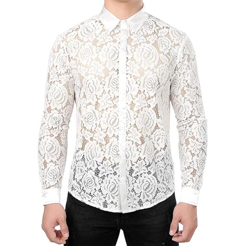 Mymyguoe Kinky Outfit Männer Spitzen Herrenhemd Durchsichtig Erotik Netz Hemd Unterwäsche Dessous Slim Fit Sexy Casual Bequem Soft Freizeithemd Netzhemd Strandhemden Lässig Lace Shirts von Mymyguoe