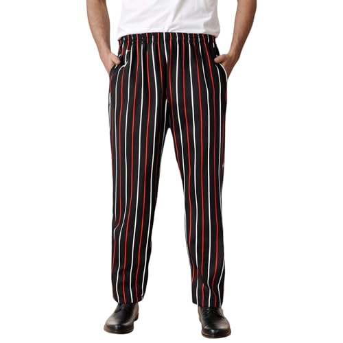 Mymyguoe Kochhose Herren Gestreiftes Arbeitshose Elastischer Bund Sommer Freizeithose Casual Chef Arbeitskleidung Streifen Straight Fit Kochhosen Koch Hosen Atmungsaktiv Bäckerhose von Mymyguoe