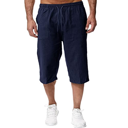 Mymyguoe Kurze Hosen Herren 3/4 Leinen Shorts Baumwolle Capri Shorts Sommer Leinenhose Lässige Männer Strandhose Freizeithose Sommershorts mit Tunnelzug Joggingshort von Mymyguoe