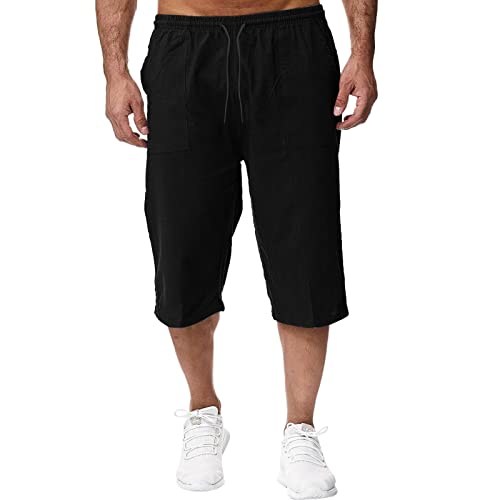 Mymyguoe Kurze Hosen Herren 3/4 Leinen Shorts Baumwolle Capri Shorts Sommer Leinenhose Lässige Männer Strandhose Freizeithose Sommershorts mit Tunnelzug Joggingshort von Mymyguoe