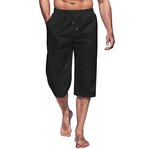 Mymyguoe Kurze Hosen Herren 3/4 Leinen Shorts Baumwolle Capri Shorts Sommer Leinenhose Lässige Männer Strandhose Freizeithose Sommershorts mit Tunnelzug Joggingshort von Mymyguoe