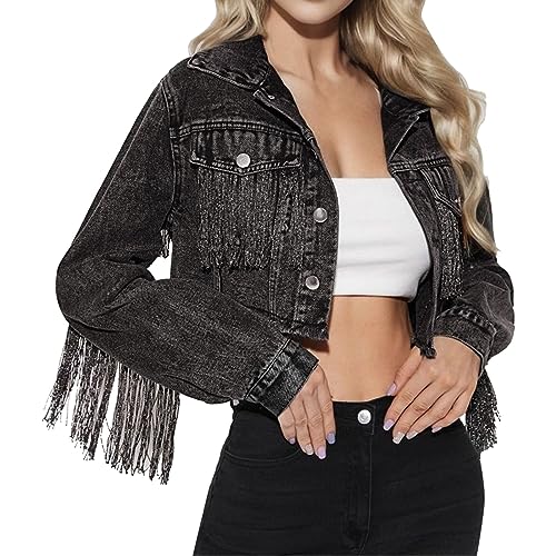 Mymyguoe Kurze Jeansjacke Damen Jeansjacken Mit Fransen Kurze Mädchen Jeans Jacket Y2K Übergangsjacke Slim Fit Denim Jacke Quaste Cropped Denim Jacken Ripped Crop Jean Jacken Jeansmantel Streetwear von Mymyguoe