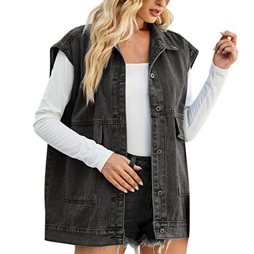 Mymyguoe Lange Jeansweste Damen Ärmellose Jacke Jeans Weste Oversized Boyfriend Denim Jeans Weste Damen Jacke Übergang Übergangsjacke Streetwear Freizeit Sommer Strickjacke Top Outwear Jeansmantel von Mymyguoe