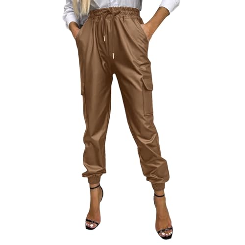 Mymyguoe Leder Look High Waist Thermo Jogger Hose mit Stretch Winter Warm Thermoleggins in Lederoptik Kunstleder Leggings Große Größen Slim Fit Hose von Mymyguoe
