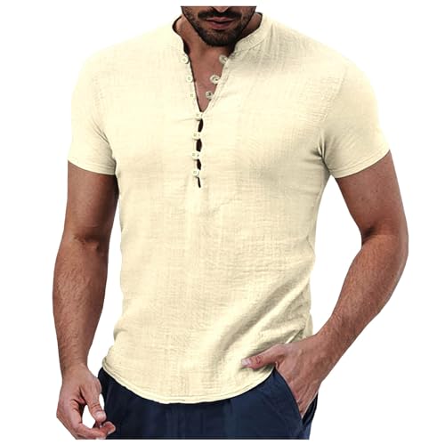 Mymyguoe Leinenhemd Herren Casual Henley Shirts Klassiche Leinen Kurzarmhemd Sommer Freizeithemd Slim Fit Stretch Strandhemd Gym Fitness Jogginghemd Outdoor Sport Bowlinghemden Atmungsaktiv Laufshirts von Mymyguoe