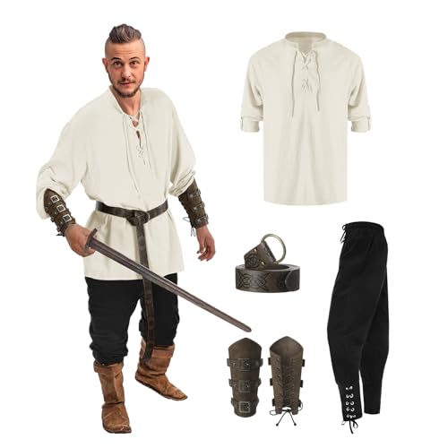 Mymyguoe Mittelalter Kleidung Herren Set 5 Stück Renaissance Kostüm Set Leinenhemd Viking Kostüm Schnürhemd Piratenhemd, Mittelalter Hose mit Knöchelriemen, Gürtel, Handgelenkschützer Zubehör von Mymyguoe