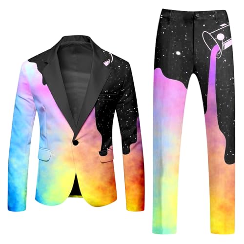 Mymyguoe Neon Farbigen Anzug 2 Teiler Herren Slim Fit Anzugjacke Anzughosen Zweiteiler Set Lustig Neuartiger Regenbogen Anzug Blazer Set Neon Thema Party-Outfit Disco-Nachtclub Performance Kostüm Set von Mymyguoe